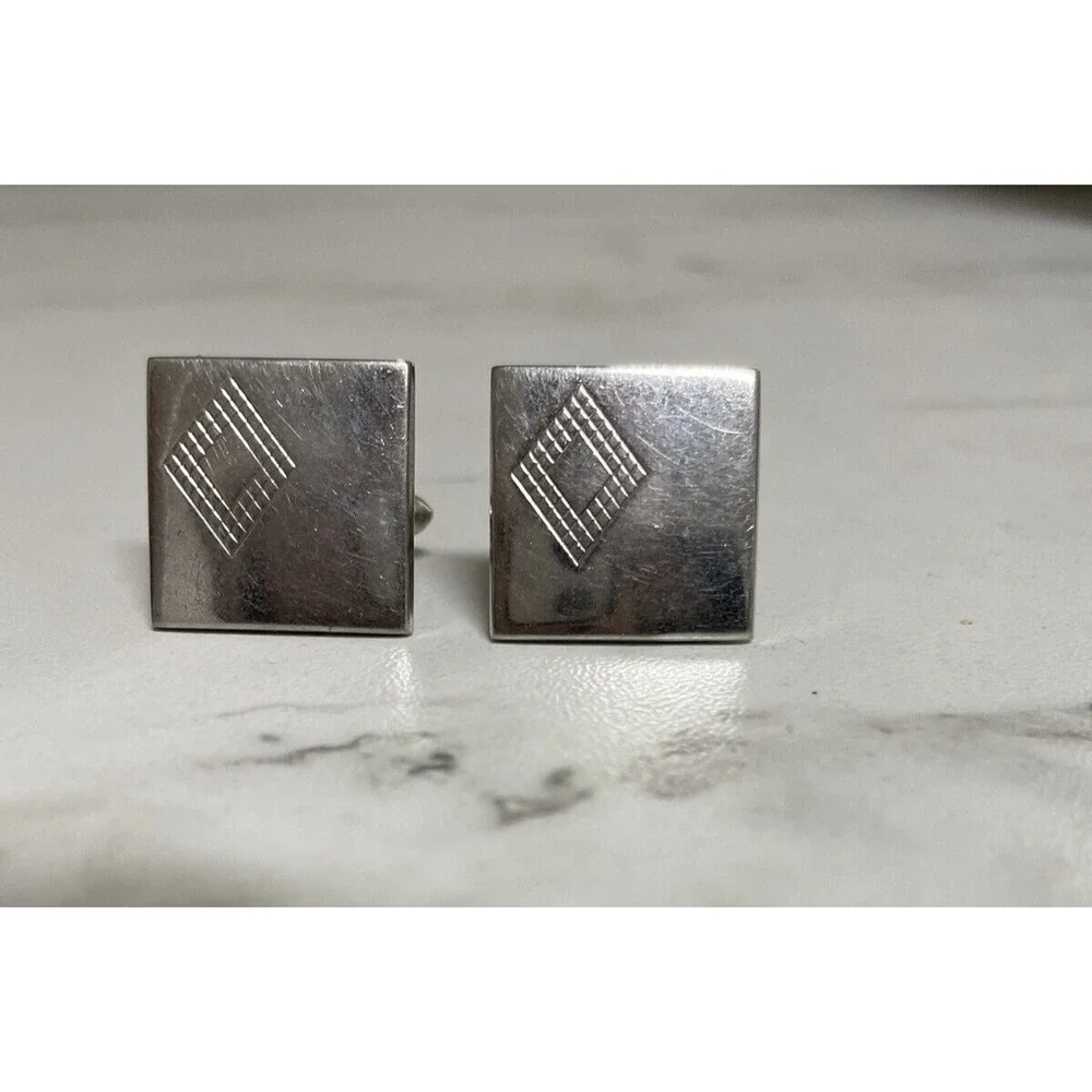 Mid Century Swank Cuff Links Square‎ Diamond Embossed Vintage MCM Silver